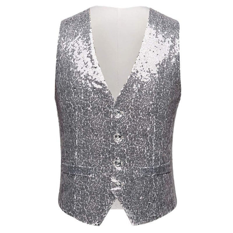 PYJTRL Mens Fashion Full Sequins Paillette Waistcoat (Silver, 38 Regular) - Image 1
